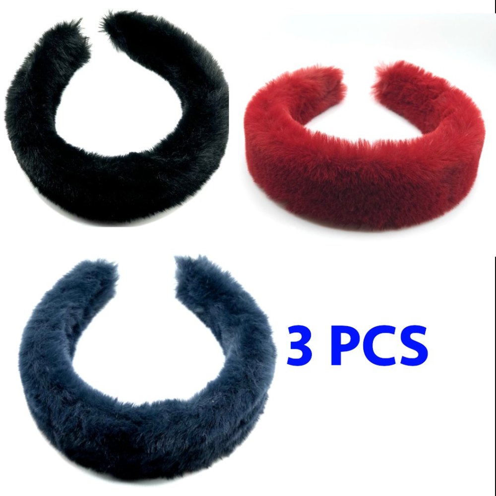 3PCS - Red Blue Black Beige Baby Blue Pink Fluffy Headband Rabbit fur for women